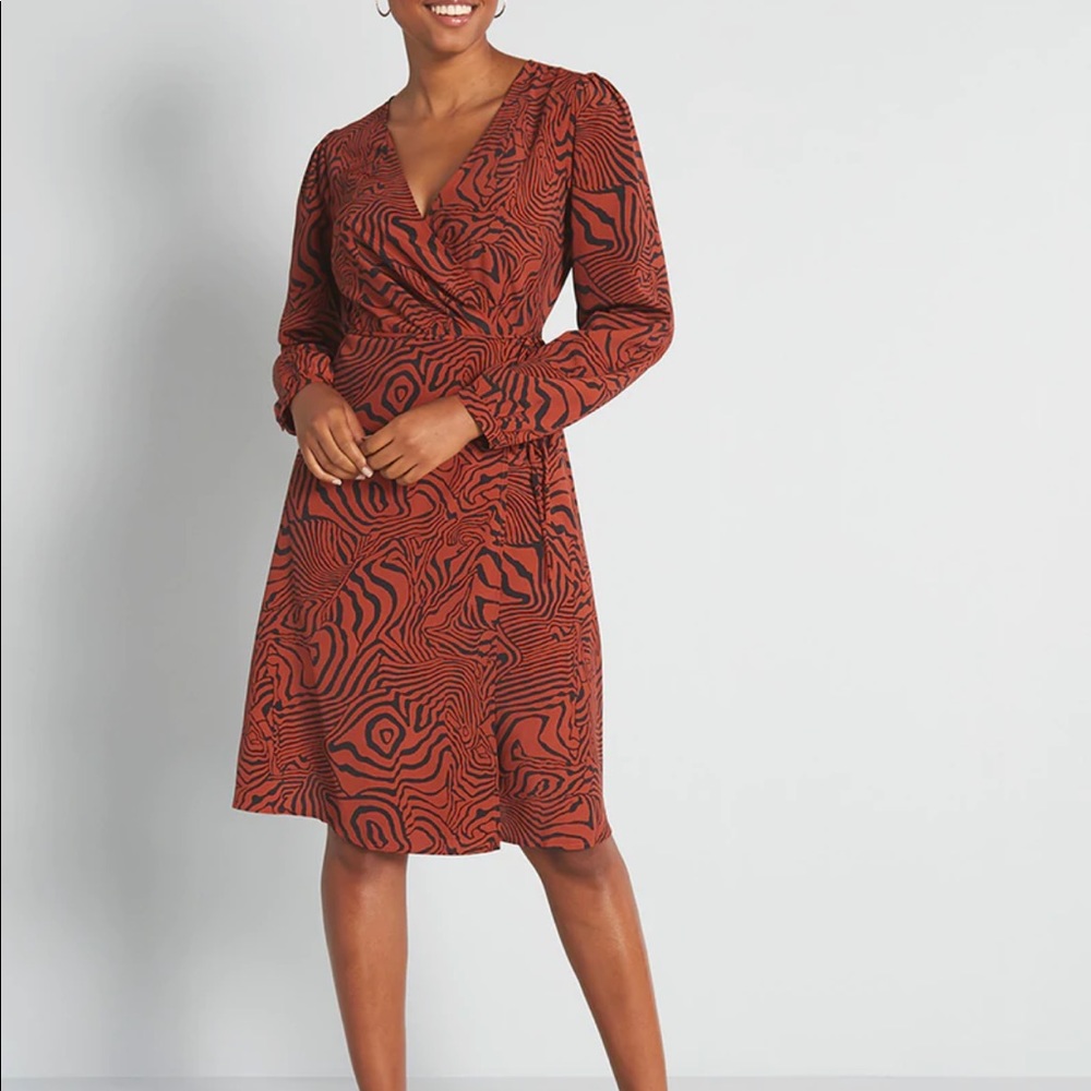 Modcloth Rust and Black Long-Sleeve Wrap Dress